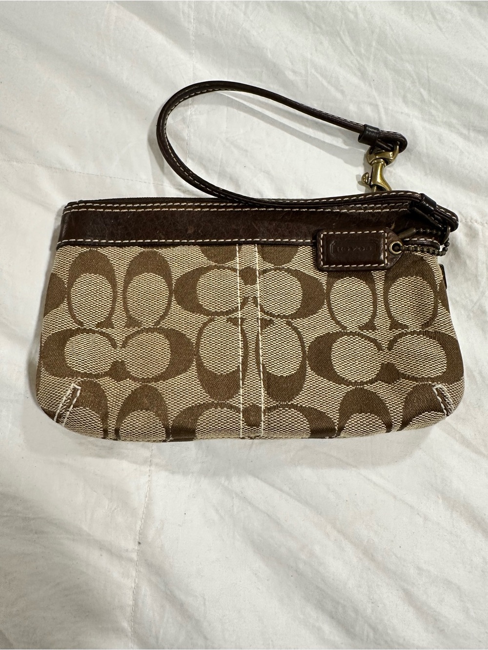 Coach Tan and Brown Signature Canvas Wristlet